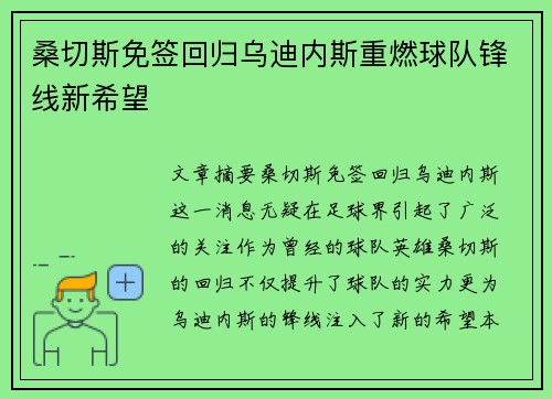 桑切斯免签回归乌迪内斯重燃球队锋线新希望