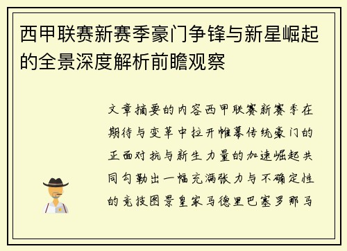 西甲联赛新赛季豪门争锋与新星崛起的全景深度解析前瞻观察